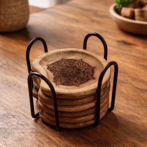 Ensemble de sous-verres en bois gravés, faits à la main, durables et modernes, avec support métallique pour table basse, décoration de la maison - Product Image 2