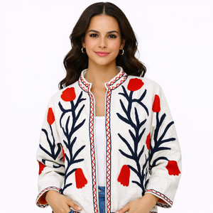 Floral Embroidered Quilted Windproof Eco-Friendly Cotton Bomber <b>Jacket</b> Full Sleeve Spring Boho Chic Women's Outerwear - Product Image 3
