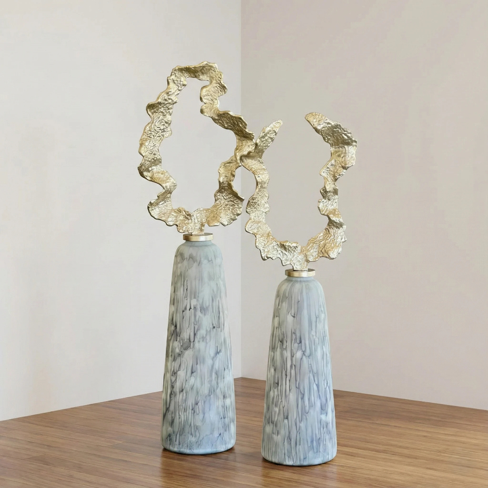 Modern Textured Grey Iron Floor Vase Set with Leaf Sculpture Top Tall Cylinder Design Modern Flower Vessel Home Interior Decor · image 2