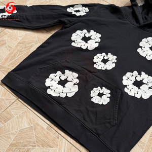 Sudadera con Capucha Negra Personalizada de Alta Calidad para Hombre con Estampado Floral Blanco, Sudadera con Capucha de Algodón y Felpa, Venta al Por Mayor OEM - Product Image 4