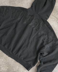 Sweat-shirt à capuche zippé décontracté en molleton noir délavé brodé pour homme, coupe oversize avec poche avant - Product Image 4