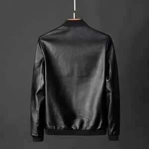 Chaqueta de Cuero Estilo Bomber para Hombre, Color Azul Marino, Cuello Alto, Cierre de Cremallera, Corte Regular, Estilo Motociclista, Color Sólido, para Otoño - Product Image 3