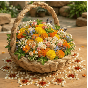 Panier de rangement en saule tressé fait main avec poignée tressée, thème floral, pour l'organisation de la maison, marque KOTTRAVAI, du Tamil Nadu - Product Image 1