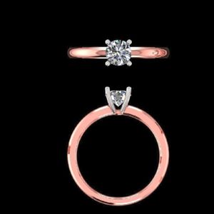 Elegante anillo de compromiso solitario con diamante de talla brillante redonda en oro rosa de 18 quilates con engaste de cuatro puntas en oro blanco. - Product Image 3
