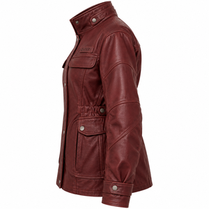 Womens Burgundy Leather Field Jacket Dark <b>Red</b> Genuine Lambskin Safari Utility <b>Coat</b> Cinch <b>Waist</b> Snap Collar Flap Pocket Outerwear - Product Image 4