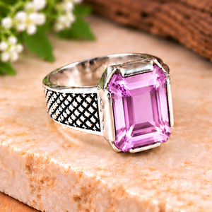 Kunzite Sterling <b>Silver</b> <b>Ring</b>, <b>Emerald</b> Cut Pink Purple Gemstone Men's <b>Ring</b>, Vintage Engraved <b>Silver</b> Statement Jewelry - Product Image 4