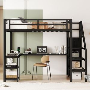 Multifunctional Metal Loft Bunk <b>Bed</b> with Desk, Storage Cabinet, <b>Space</b> <b>Saving</b> <b>Bed</b> Frame for Bedroom, Dormitory and Villa - Product Image 5