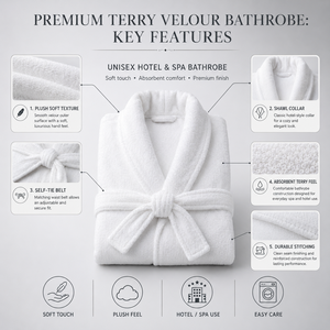 Peignoir en velours éponge 100% coton, hôtel, spa, resort, chambre d'hôtes, bien-être, sauna, bord de piscine, unisexe, doux, absorbant, logo personnalisé, coupe ajustée - Product Image 3
