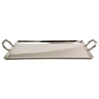 Plateau irrégulier martelé en acier inoxydable poli moderne avec poignées à boucle rivetées, plateau métallique haute brillance, artisanat métallique