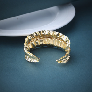 Luxury Gold Plated Sculpted Ruffle Cuff <b>Bracelet</b> for Women | Handcrafted Brass Textured Statement Bangle Jewelry - Product Image 6