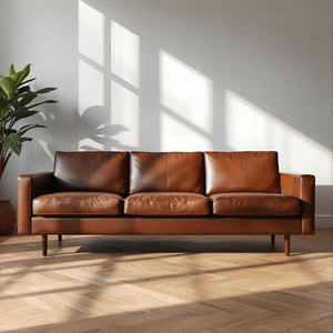 Sofá de Cuero Marrón Coñac de Lujo Estilo Mediados de Siglo con Patas de Madera, Sofá Moderno de 3 Plazas para Sala de Estar, Muebles Tapizados de Primera Calidad - Product Image 2