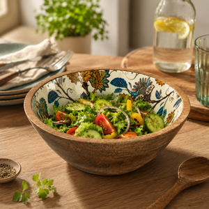 Tazón para Ensalada de Madera de Mango Biodegradable Hecho a Mano de Primera Calidad con Interior Decorativo Esmaltado |   Tazón para Servir en Fiestas, para Ensaladas, Frutas y Aperitivos - Product Image 3