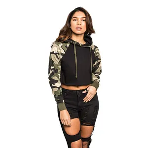 Women's Camo Print 100% Cotton Cropped Hoodie <b>Black</b> Full Sleeve Casual Knitted Winter <b>Sweatshirt</b> with Front Logo - Product Image 3