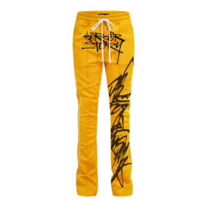 Pantalon évasé jaune pour homme avec imprimé graffiti noir, taille élastique, cordon de serrage, style streetwear, polyester léger, vêtement d'été - Product Image 3