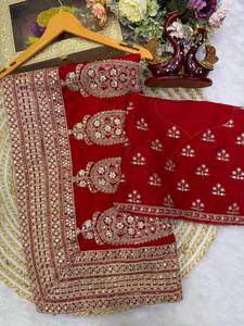 <b>Red</b> Satin <b>Saree</b> Set Mirror Work Ajrakh Motif Traditional Indian Wear for Wedding and Diwali - Product Image 1