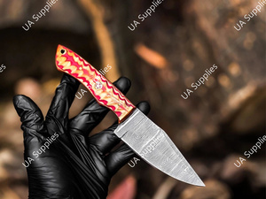 มีดเดินป่าล่าสัตว์แบบเต็มด้ามเหล็กดามัสกัส UA Supplies พร้อมด้ามไม้ปักก้า DIY ปลายมีดแบบ Bevel Drop Point - Product Image 2