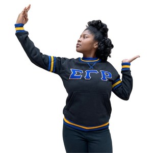 เสื้อสเวตเชิ้ต Sigma Gamma Rho Chenille ลายตัวอักษรกรีกสำหรับผู้หญิง สีดำ ทอง น้ำเงิน ลายทาง มีกระเป๋า คอกลม เสื้อพูลโอเวอร์สำหรับชมรมนักศึกษา - Product Image 5