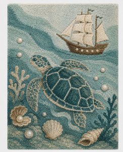 Tapis Tortue Marine, Tapis en Laine Coquillage, Tapis Tortue Marine Bateau Perle, Tapis Tufté Fait Main, Tapis en Laine Douce, Tapis Décoratif Maison de Plage - Product Image 1