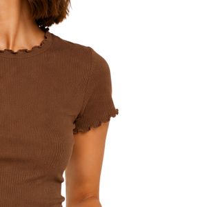 Top Corto Personalizado Marrón con Nervaduras para Mujer, Manga Corta, Cuello Redondo con Volantes, Algodón y Spandex, Ajuste Delgado, Camiseta Casual de Verano, OEM Personalizado - Product Image 4