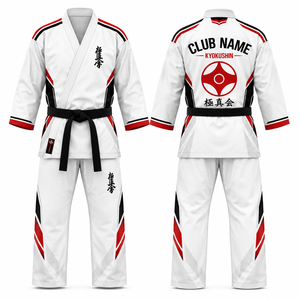 MEGAMAPLE Club Karate Gi Heat-Transfer Printed Team Name Numbers 420g White <b>Red</b> Black V-Neck Full Sleeve Cotton Breathable - Product Image 1