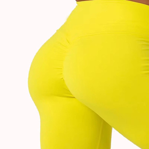 Shorts de sport jaunes taille haute pour femme avec poches, en toile, sans coutures, coupe ajustée et style skinny - Product Image 3