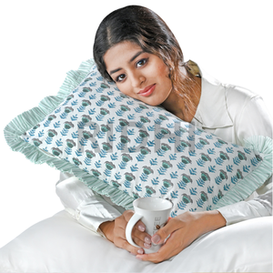 Juego de Fundas de Almohada Lumbar Ridhi 12x20 en Azul Aqua con Volantes, Estampado Floral a Mano, Algodón, Personalizable, Lavable a Máquina, Cierre con Cremallera - Product Image 1
