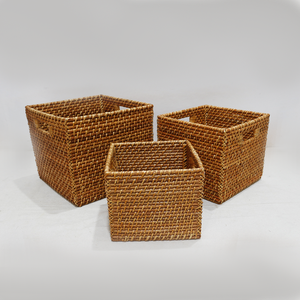 Natural Rattan Woven Rustic Style <b>Square</b> Multifunction Storage <b>Basket</b> Set Eco-friendly Home Organizer for Laundry Storage - Product Image 4