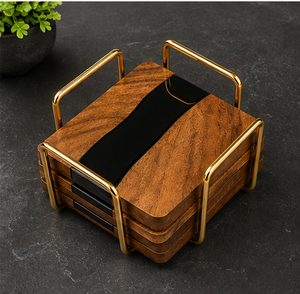 Modern <b>Square</b> Wooden Mats & Pads <b>Set</b> with Gold Frame Non-Slip Design for Home Kitchen Table - Product Image 3