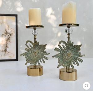 Brass <b>Candle</b> <b>Stick</b> Holder with Crystal Accent and Palm Leaf Design for Home Decoration - Product Image 1