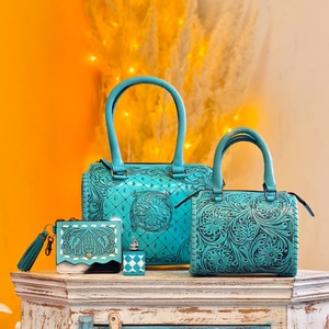Sky Blue Color 100% Genuine Leather Mini Speedy Duffle <b>Bags</b> Women's Beautiful Attractive Floral Carved With Single Stone <b>Studded</b> - Product Image 2