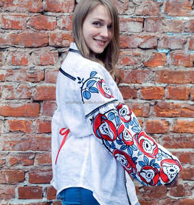 Elegante vestido de mujer de algodón blanco patrón ucraniano bordado cuello en V cuello largo Casual Vestido corto tamaño borla cremallera - Product Image 2