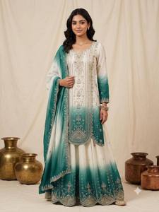 Ensemble Anarkali Palazzo en Georgette Micro Brodé pour Femme avec Dupatta, Infroissable, Extensible, Séchage Rapide, Tenue de Soirée et de Mariage - Product Image 2