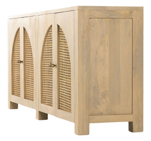 Buffet moderne en teck massif avec porte en rotin, console de rangement minimaliste en bois pour salon - Product Image 4