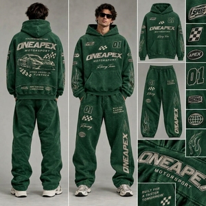 Men's Green Motorsport <b>Hoodie</b> Sweatpants Tracksuit Set by <b>One</b> Apex Racing Team Two <b>Piece</b> Matching Jogger Streetwear Casual - Product Image 5