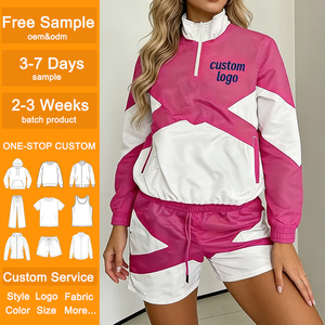 Women's Customizable Personalized Half Zip Stand Collar Pullover and Drawstring Waist Shorts Women's Color Block Short <b>Sets</b> - Product Image 5