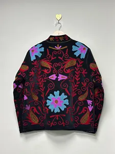 Veste en velours noir pour femme, broderie florale bleue et violette, style ethnique bohème, manches longues, vêtement d'extérieur pour l'automne - Product Image 3