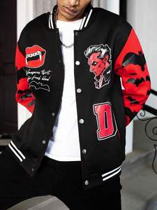 Black Red College Baseball <b>Jacket</b> <b>Men</b> Bat Print Graphic Sleeves Streetwear Varsity Double Breasted Front Thick Fleece Windproof - Product Image 2