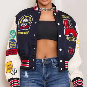 Custom Logo Mens Varsity <b>Jacket</b> with Leather Sleeves Embroidered Black Crop Letterman College Baseball Style Wholesale Couples - Product Image 1