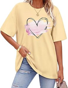 T-shirt jaune surdimensionné pour femme avec imprimé cœur peint à la main, col rond, manches courtes, coupe ample, en coton, style printemps-été - Product Image 5