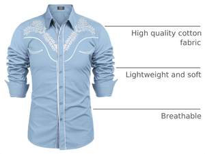 Chemise Western Brodé Homme Blanc Noir à Motifs Floraux avec Passepoil, Coupe Slim, Manches Longues, Boutons Pression Nacrés, en Polyester, Idéale pour l'Été - Product Image 2