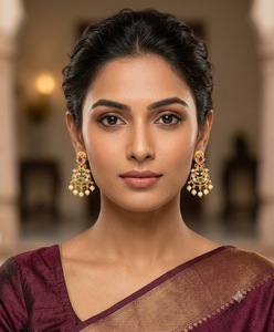 Boucles d'oreilles pendantes de style temple traditionnel d'Inde du Sud, avec diamants américains et perles, pour tenues ethniques, fabriquées par des fabricants. - Product Image 4