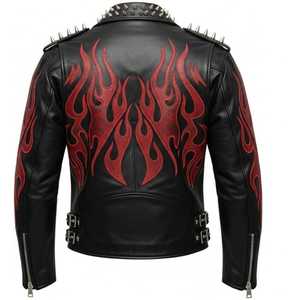 FURAT <b>LEATHERS</b> <b>Mens</b> Distressed <b>Leather</b> <b>Jacket</b> Handmade Biker Motorcycle Coat Fire Sleeve Stand Collar Front Logo Breathable - Product Image 5
