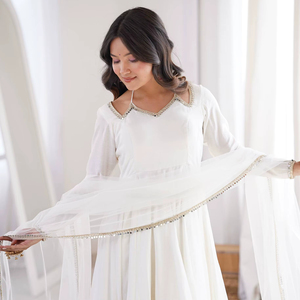 Salwar Tradicional Blanco Marfil para Mujer, con Dupatta de Tela, Diseño Otoñal, Minimalista, para Bodas, Fiestas Eid, Vestido Étnico de Seda Romana Pura - Product Image 1