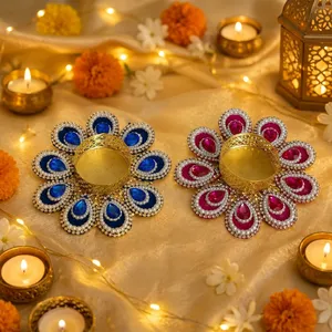 Round Tea Light Holder with Blue and <b>Pink</b> Beaded Floral Design for Wedding Home Decoration - Product Image 6