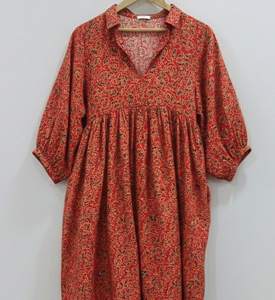 Vestido Túnica Midi de Algodón Indio Hecho a Mano para Mujer |   Ropa Formal de Oficina Ecológica y Transpirable, Corte en A, Floral, Dibujada a Mano, Natural - Product Image 5