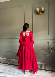 Red Gown For Wedding Party <b>Chikankari</b> Work Long Gown Anarkali Style Dress Lucknowi Dress Indian Paksitani Style Dress - Product Image 5