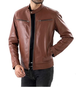 Chaquetas de Cuero Genuino Marrón para Hombre, Estilo Urbano, con Cuello de Botones a Presión, Disponibles al por Mayor - Product Image 1
