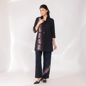 Ensemble 3 pièces en coton noir brodé pour femmes, col mandarin, motif floral, veste, camisole, pantalon, à porter toute l'année - Product Image 3