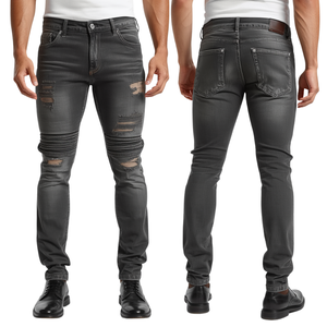 Luxury Men's Grey Stone Washed Denim Pants Featuring Heavyweight Cotton Fabric with Distressed Modern Casual Fashion Styling - Product Image 1