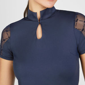 Navy Blue High Neck Short Sleeve Top With Mesh Shoulder Panels And Front Keyhole Detail - Product Image 1